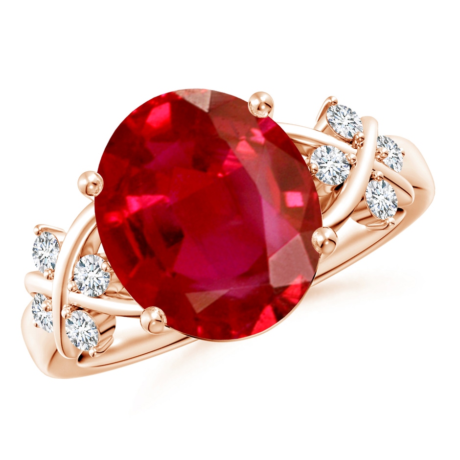 12x10mm AAA Solitaire Oval Ruby Criss Cross Ring with Diamonds in Rose Gold 