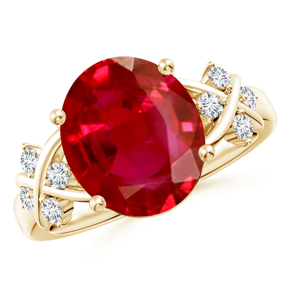 12x10mm AAA Solitaire Oval Ruby Criss Cross Ring with Diamonds in Yellow Gold 
