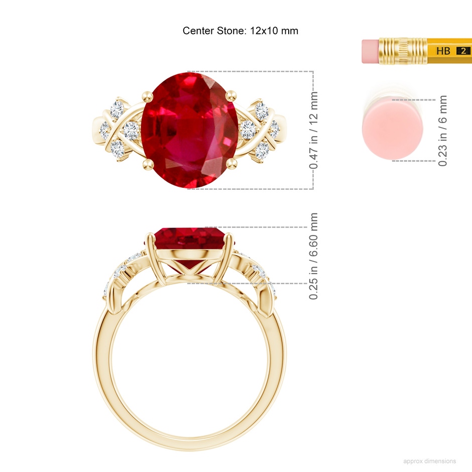 12x10mm AAA Solitaire Oval Ruby Criss Cross Ring with Diamonds in Yellow Gold ruler