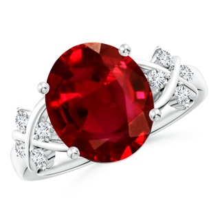 12x10mm AAAA Solitaire Oval Ruby Criss Cross Ring with Diamonds in P950 Platinum