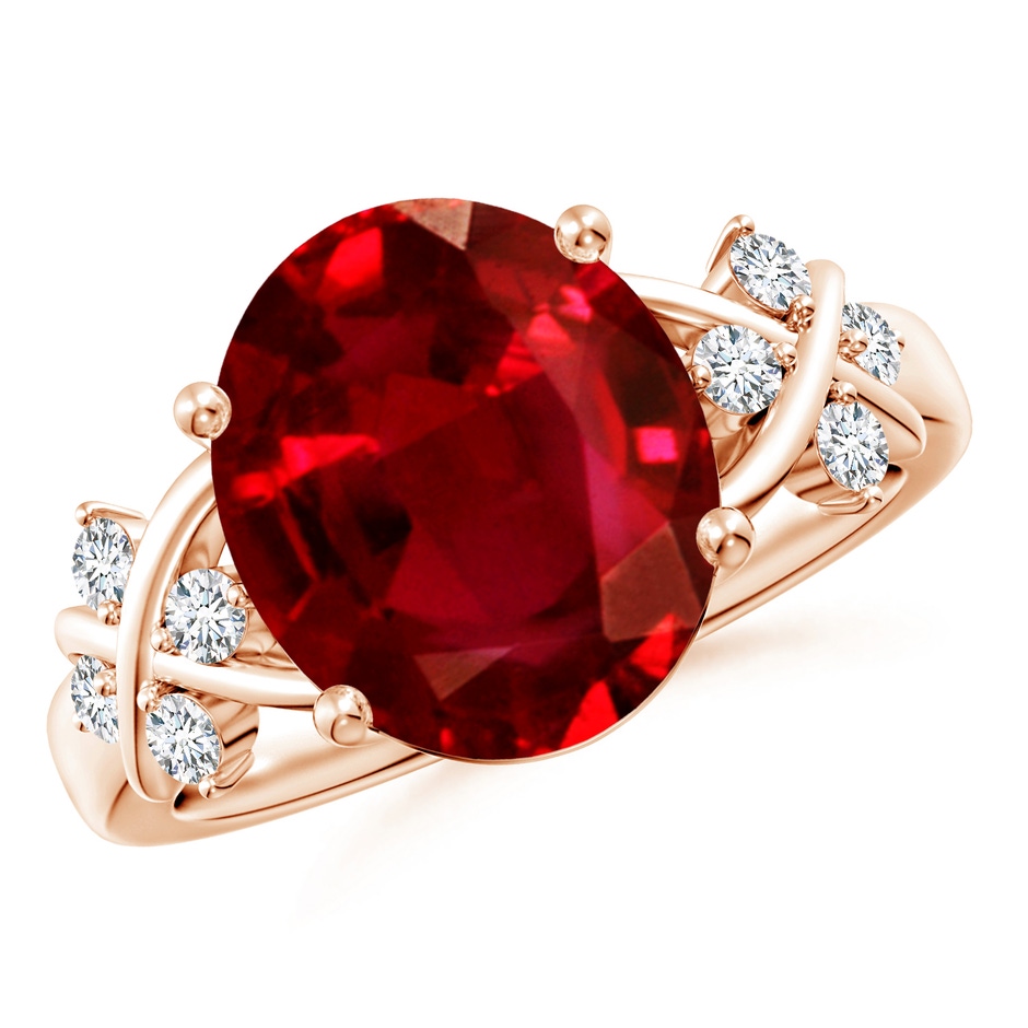 12x10mm AAAA Solitaire Oval Ruby Criss Cross Ring with Diamonds in Rose Gold 