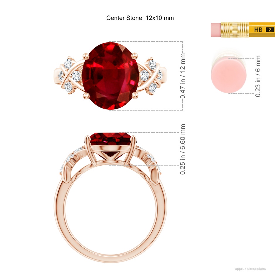 12x10mm AAAA Solitaire Oval Ruby Criss Cross Ring with Diamonds in Rose Gold ruler