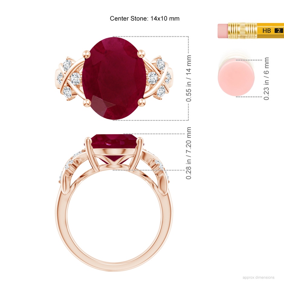14x10mm A Solitaire Oval Ruby Criss Cross Ring with Diamonds in Rose Gold ruler