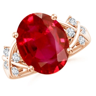 14x10mm AAA Solitaire Oval Ruby Criss Cross Ring with Diamonds in Rose Gold