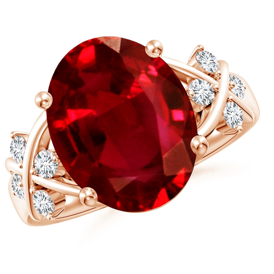 14x10mm AAAA Solitaire Oval Ruby Criss Cross Ring with Diamonds in Rose Gold 