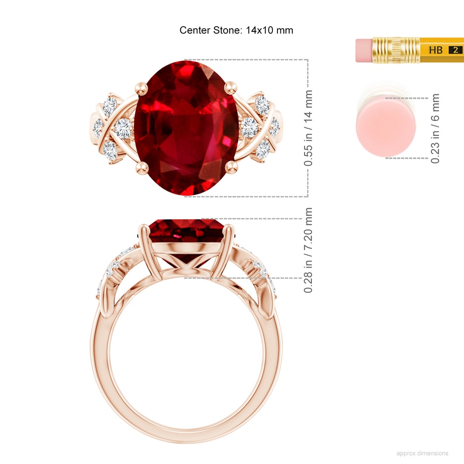 14x10mm AAAA Solitaire Oval Ruby Criss Cross Ring with Diamonds in Rose Gold ruler