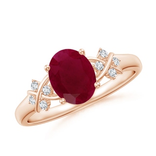 8x6mm A Solitaire Oval Ruby Criss Cross Ring with Diamonds in 9K Rose Gold