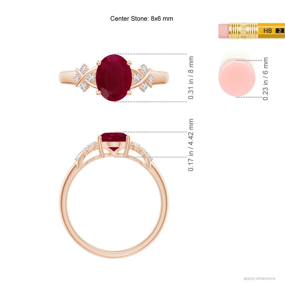 8x6mm A Solitaire Oval Ruby Criss Cross Ring with Diamonds in Rose Gold ruler