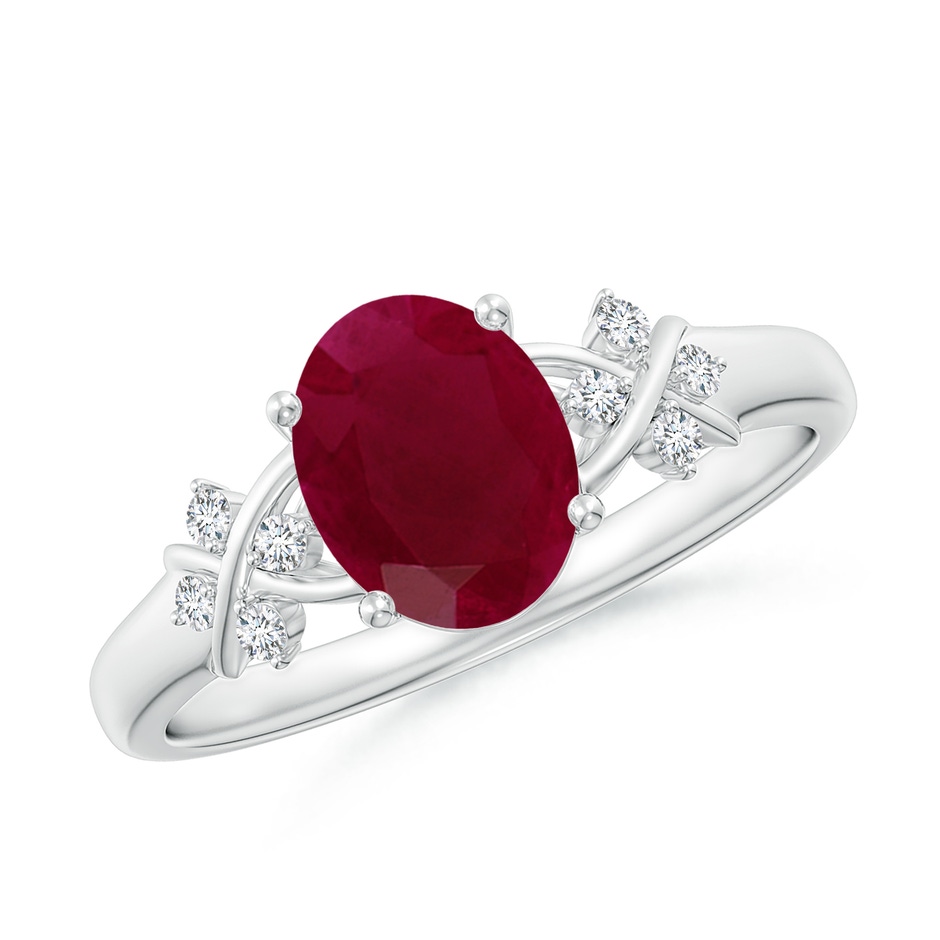 8x6mm A Solitaire Oval Ruby Criss Cross Ring with Diamonds in White Gold 