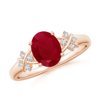 8x6mm AA Solitaire Oval Ruby Criss Cross Ring with Diamonds in 9K Rose Gold