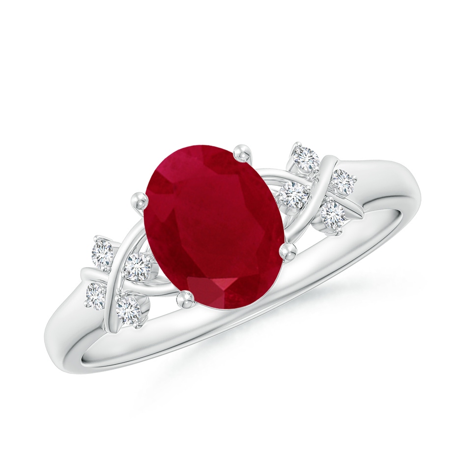 8x6mm AA Solitaire Oval Ruby Criss Cross Ring with Diamonds in White Gold 