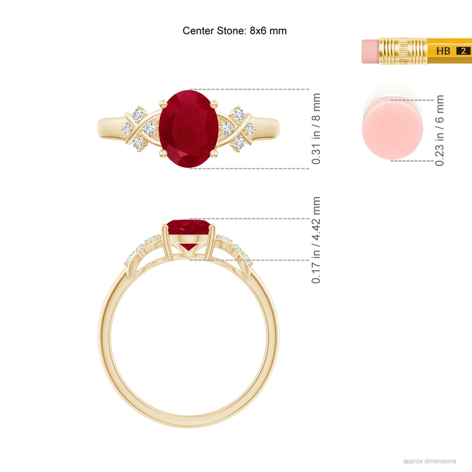 8x6mm AA Solitaire Oval Ruby Criss Cross Ring with Diamonds in Yellow Gold ruler