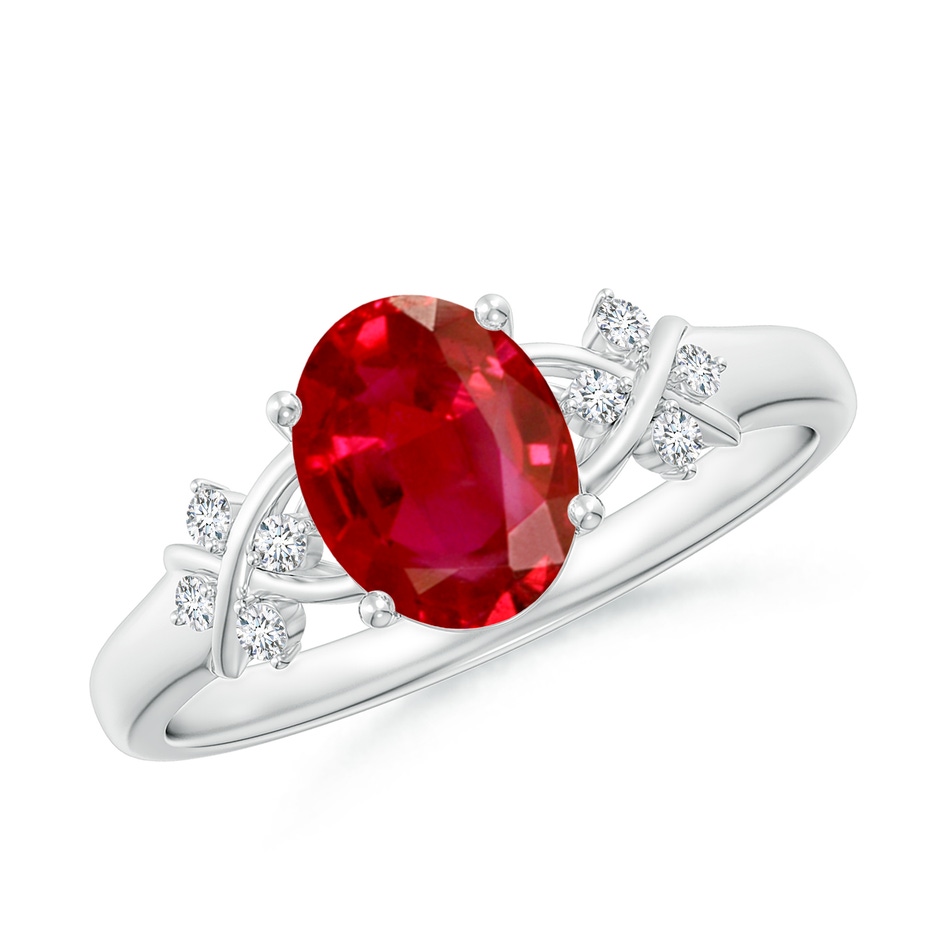 8x6mm AAA Solitaire Oval Ruby Criss Cross Ring with Diamonds in White Gold 