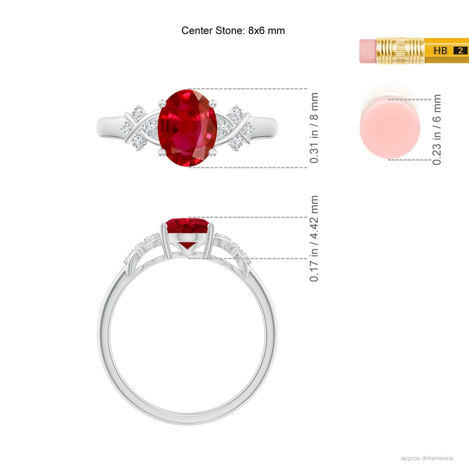 8x6mm AAA Solitaire Oval Ruby Criss Cross Ring with Diamonds in White Gold ruler