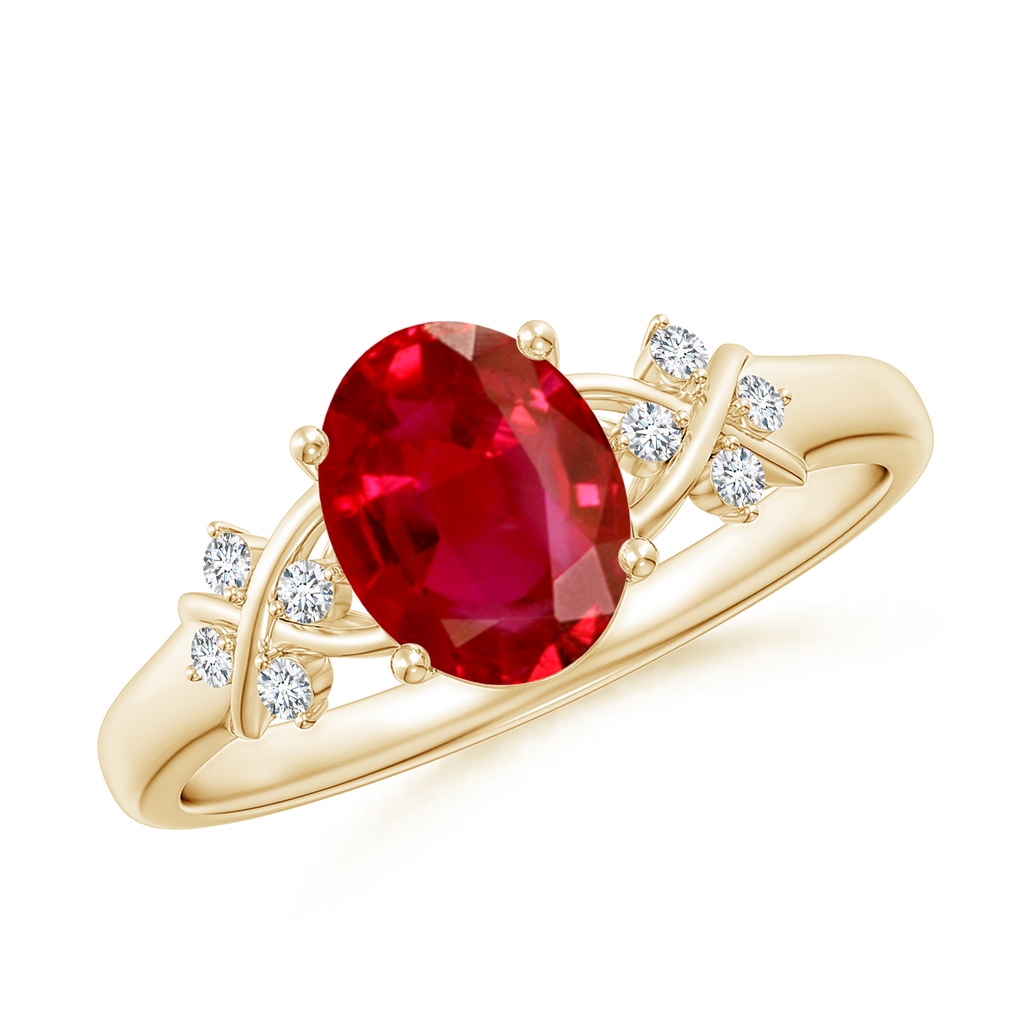 8x6mm AAA Solitaire Oval Ruby Criss Cross Ring with Diamonds in Yellow Gold
