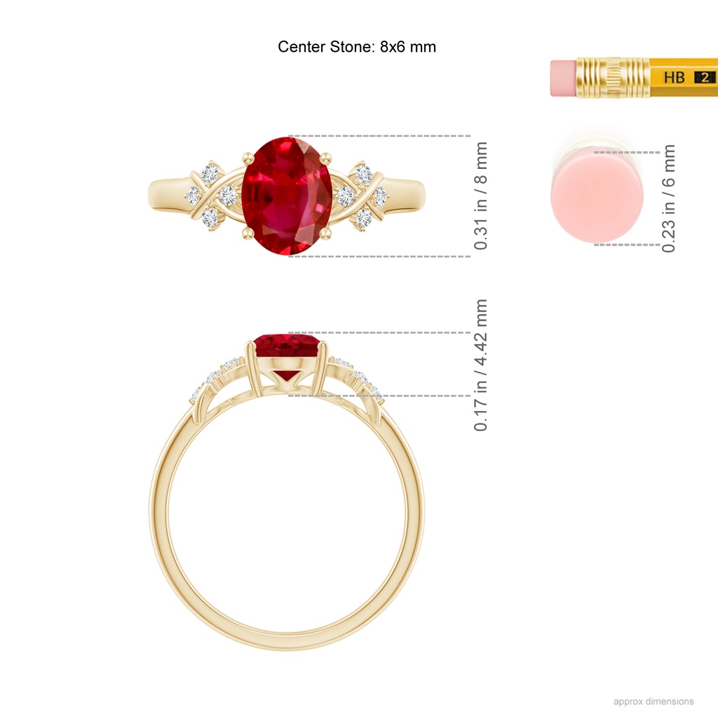 8x6mm AAA Solitaire Oval Ruby Criss Cross Ring with Diamonds in Yellow Gold ruler