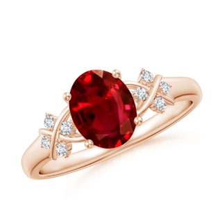 8x6mm AAAA Solitaire Oval Ruby Criss Cross Ring with Diamonds in 10K Rose Gold