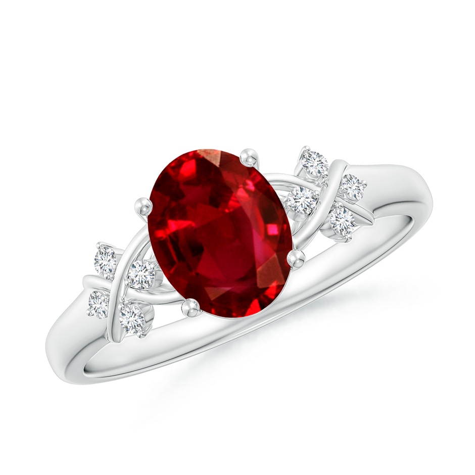 8x6mm AAAA Solitaire Oval Ruby Criss Cross Ring with Diamonds in White Gold 