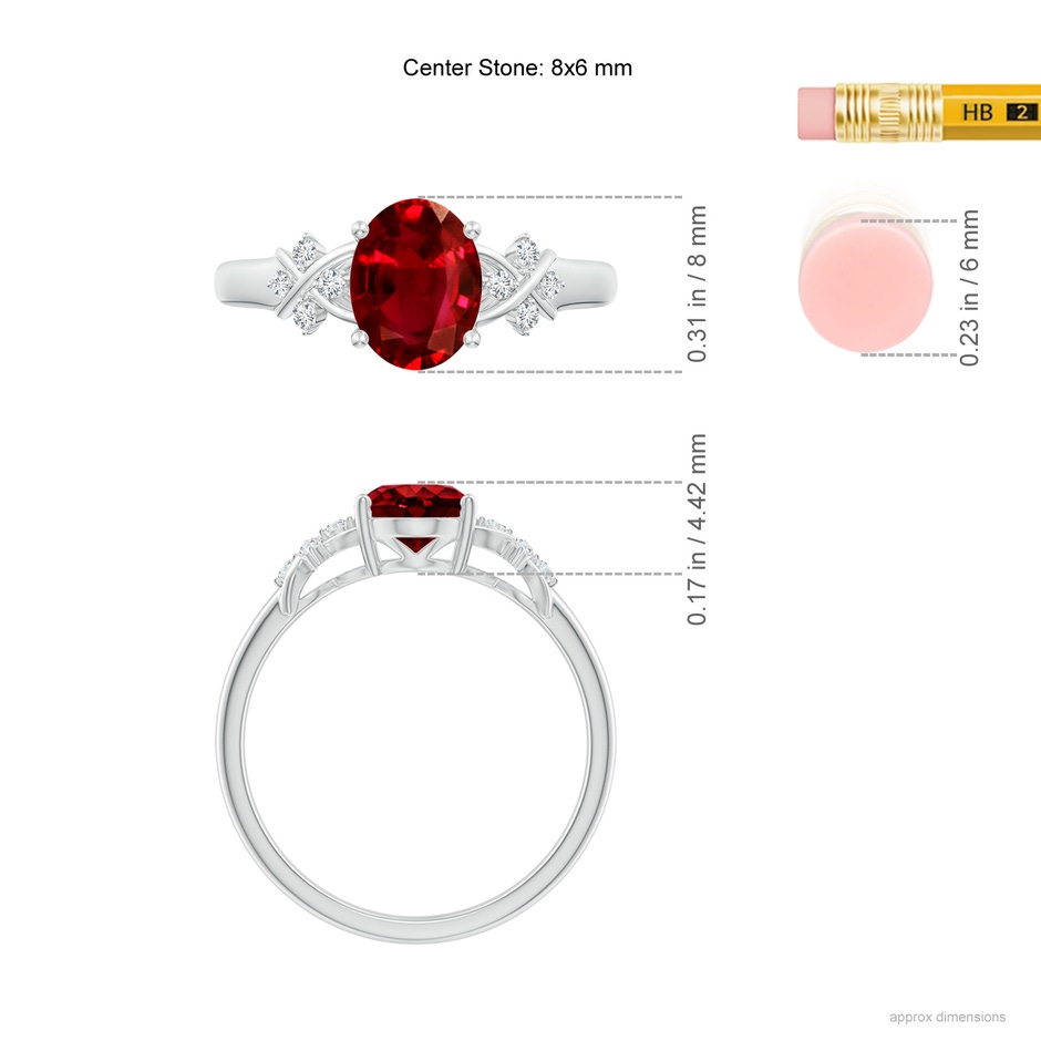 8x6mm AAAA Solitaire Oval Ruby Criss Cross Ring with Diamonds in White Gold ruler