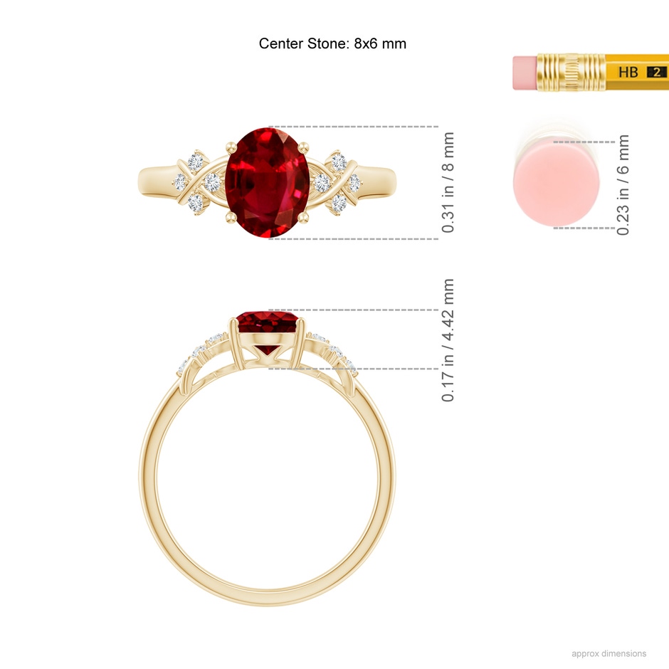 8x6mm AAAA Solitaire Oval Ruby Criss Cross Ring with Diamonds in Yellow Gold ruler