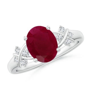 9x7mm A Solitaire Oval Ruby Criss Cross Ring with Diamonds in P950 Platinum