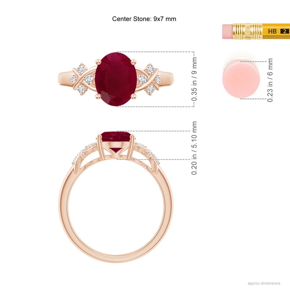 9x7mm A Solitaire Oval Ruby Criss Cross Ring with Diamonds in Rose Gold ruler