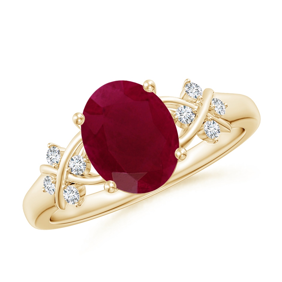 9x7mm A Solitaire Oval Ruby Criss Cross Ring with Diamonds in Yellow Gold 