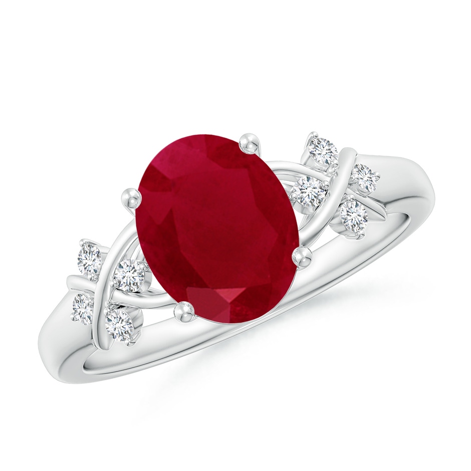 9x7mm AA Solitaire Oval Ruby Criss Cross Ring with Diamonds in White Gold 
