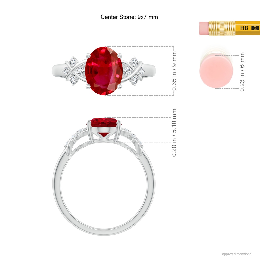 9x7mm AAA Solitaire Oval Ruby Criss Cross Ring with Diamonds in P950 Platinum ruler