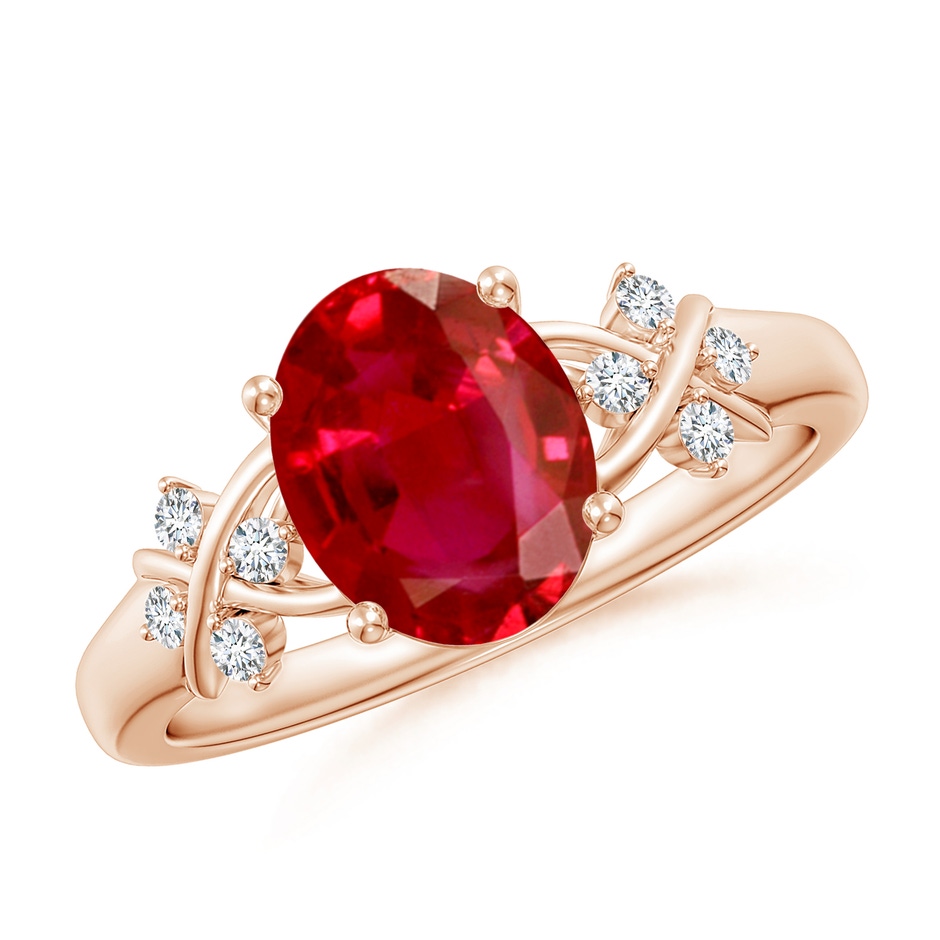 9x7mm AAA Solitaire Oval Ruby Criss Cross Ring with Diamonds in Rose Gold 