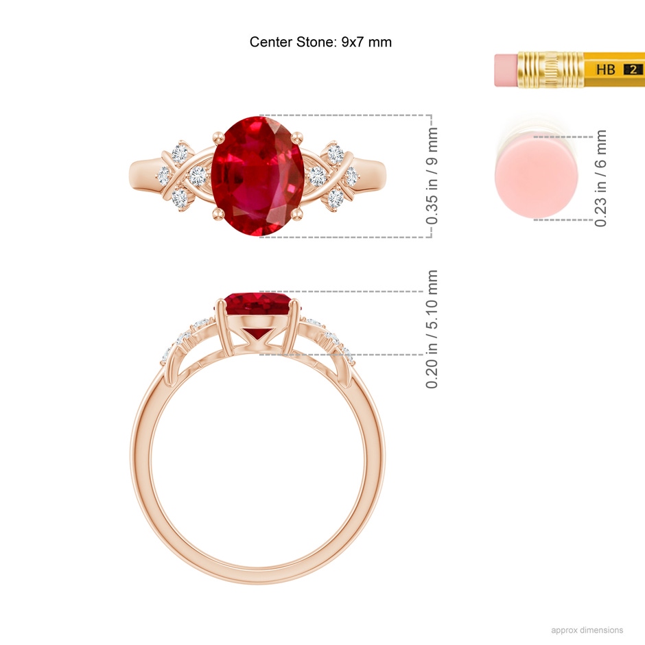 9x7mm AAA Solitaire Oval Ruby Criss Cross Ring with Diamonds in Rose Gold ruler