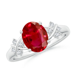 9x7mm AAA Solitaire Oval Ruby Criss Cross Ring with Diamonds in White Gold