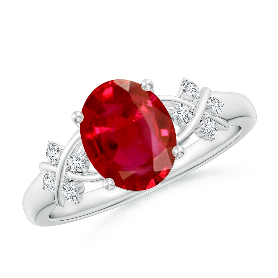 9x7mm AAA Solitaire Oval Ruby Criss Cross Ring with Diamonds in White Gold 