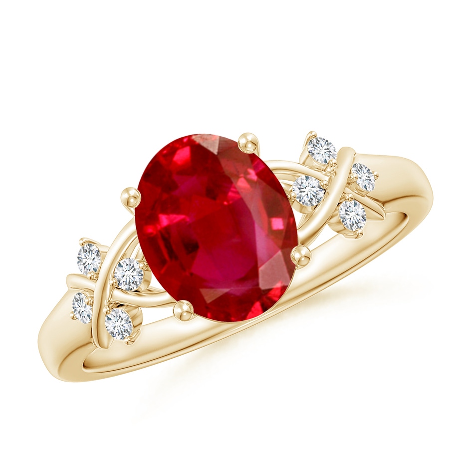 9x7mm AAA Solitaire Oval Ruby Criss Cross Ring with Diamonds in Yellow Gold 