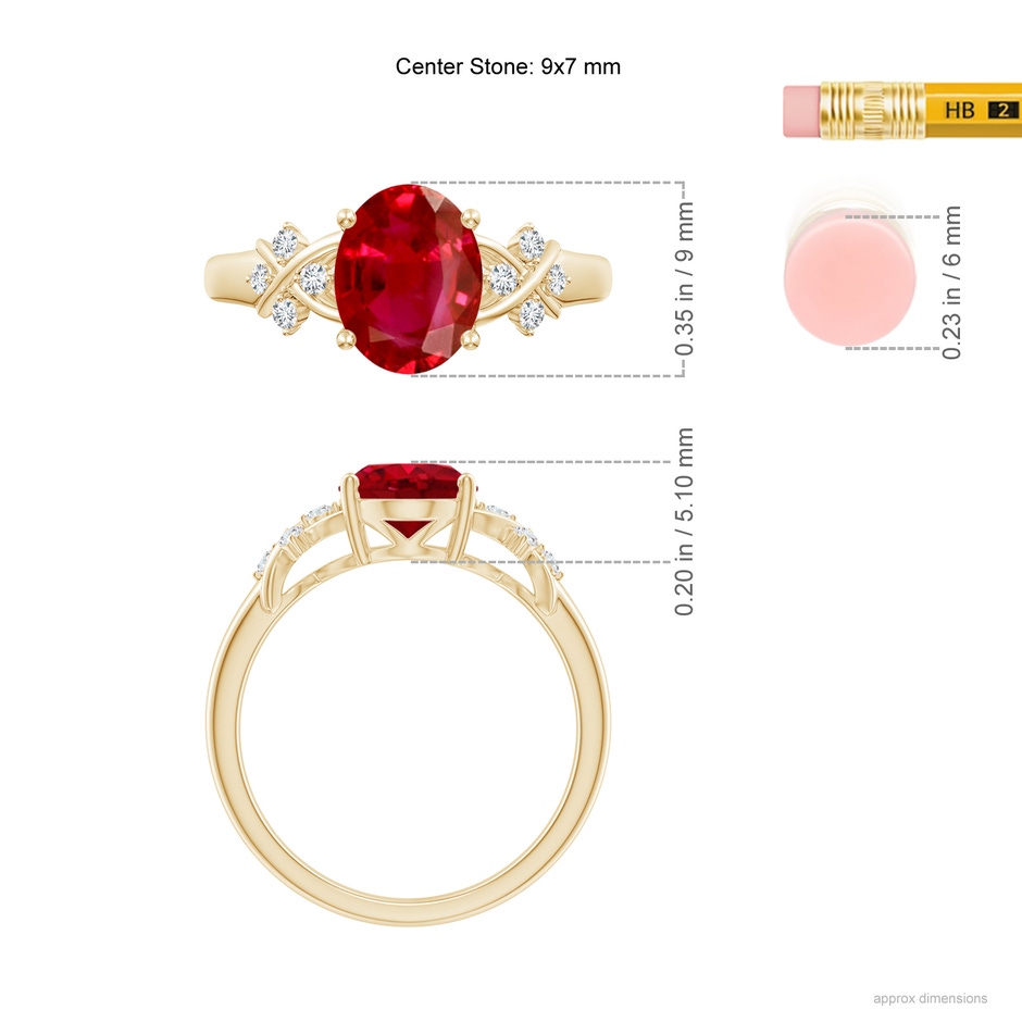 9x7mm AAA Solitaire Oval Ruby Criss Cross Ring with Diamonds in Yellow Gold ruler