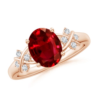 9x7mm AAAA Solitaire Oval Ruby Criss Cross Ring with Diamonds in 9K Rose Gold