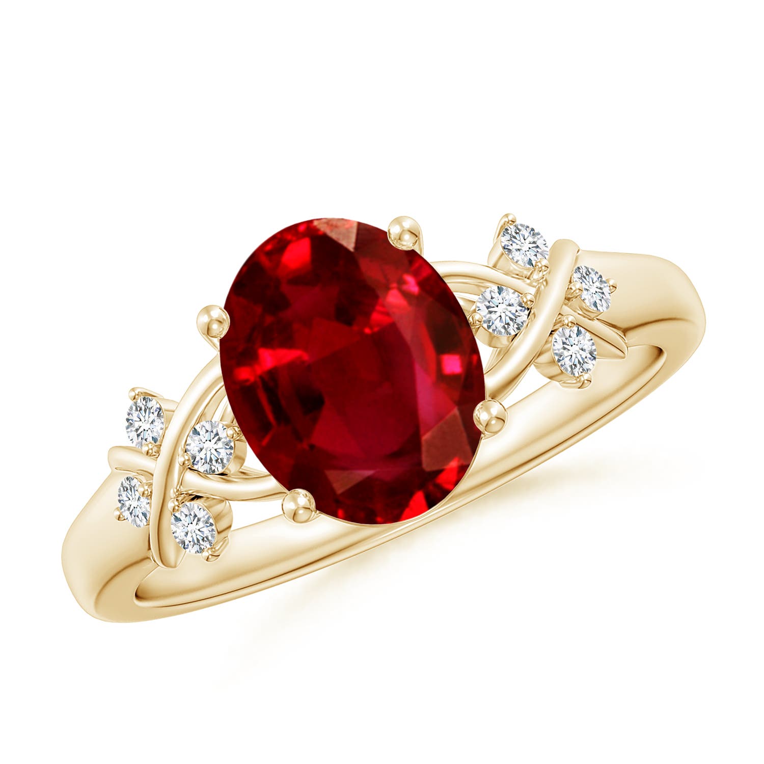 9x7mm AAAA Solitaire Oval Ruby Criss Cross Ring with Diamonds in Yellow Gold