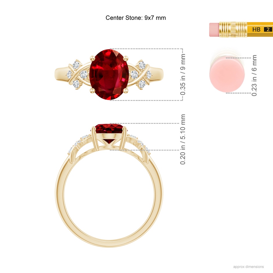 9x7mm AAAA Solitaire Oval Ruby Criss Cross Ring with Diamonds in Yellow Gold ruler