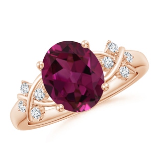 10x8mm AAAA Solitaire Oval Rhodolite Criss Cross Ring with Diamonds in 10K Rose Gold