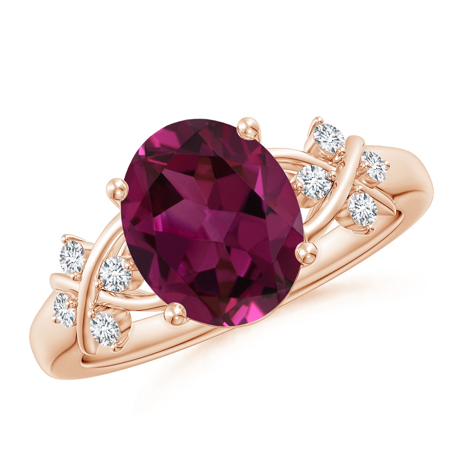 10x8mm AAAA Solitaire Oval Rhodolite Criss Cross Ring with Diamonds in Rose Gold 