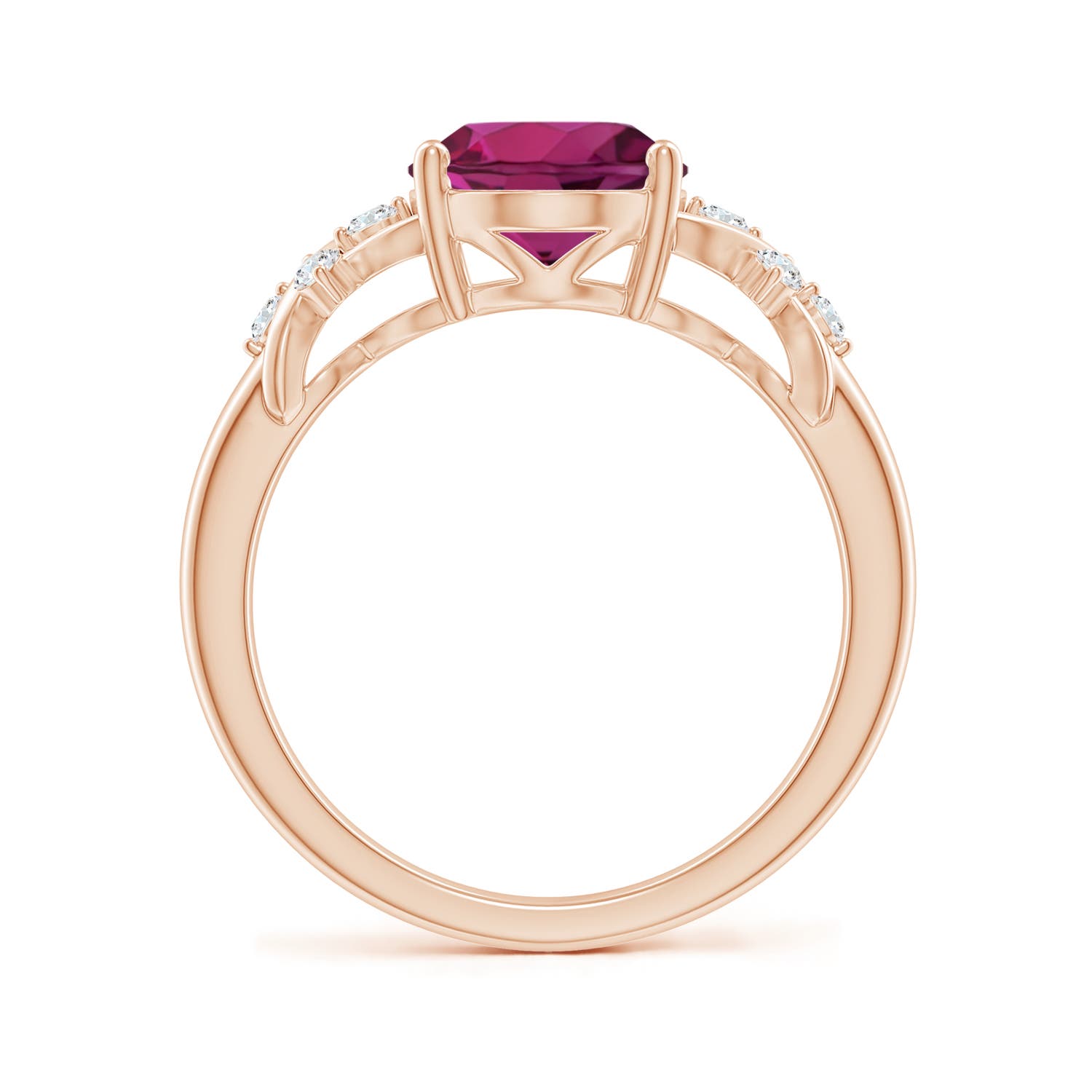 10x8mm AAAA Solitaire Oval Rhodolite Criss Cross Ring with Diamonds in Rose Gold - side 3