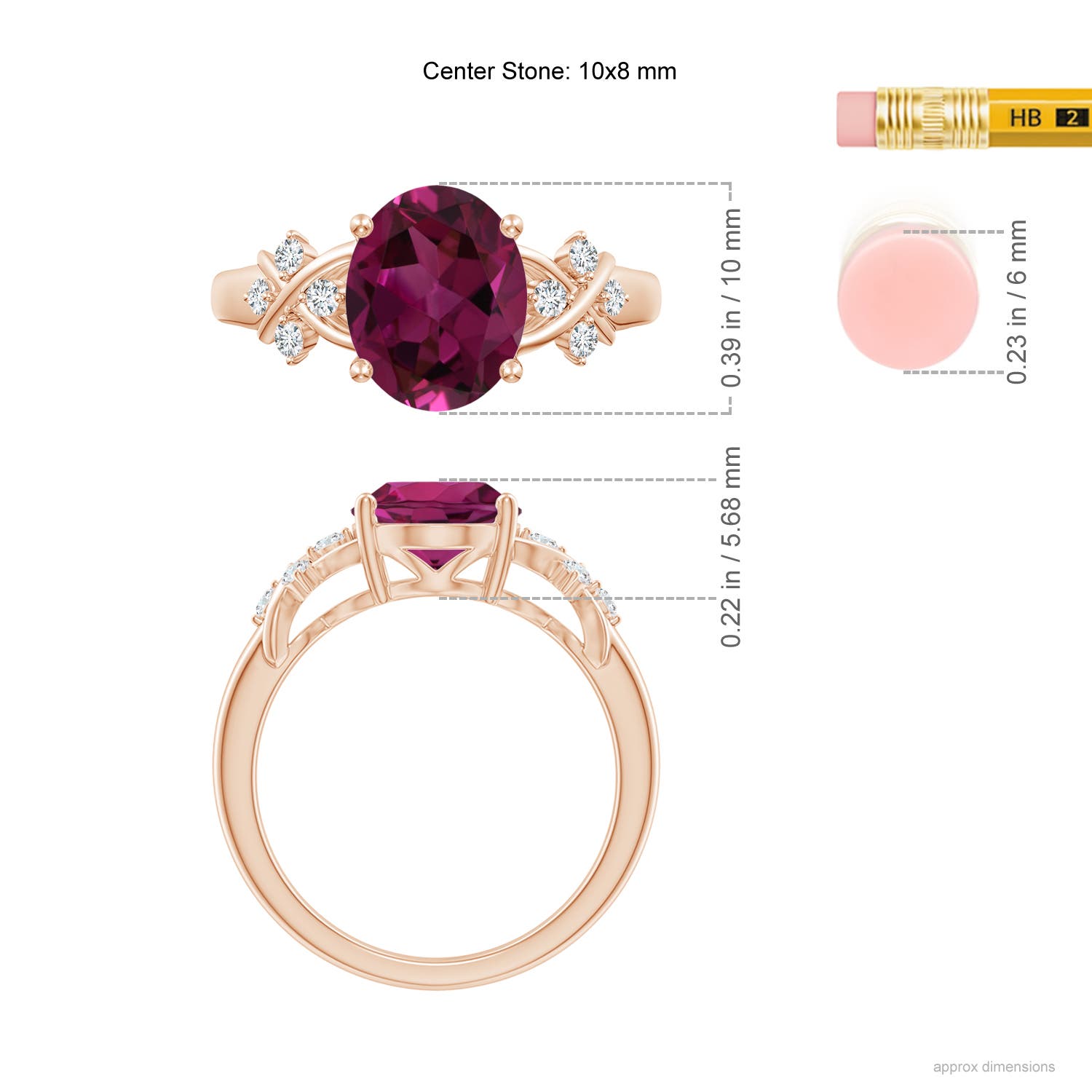 10x8mm AAAA Solitaire Oval Rhodolite Criss Cross Ring with Diamonds in Rose Gold - ruler