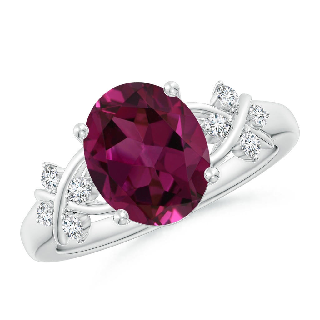 10x8mm AAAA Solitaire Oval Rhodolite Criss Cross Ring with Diamonds in White Gold