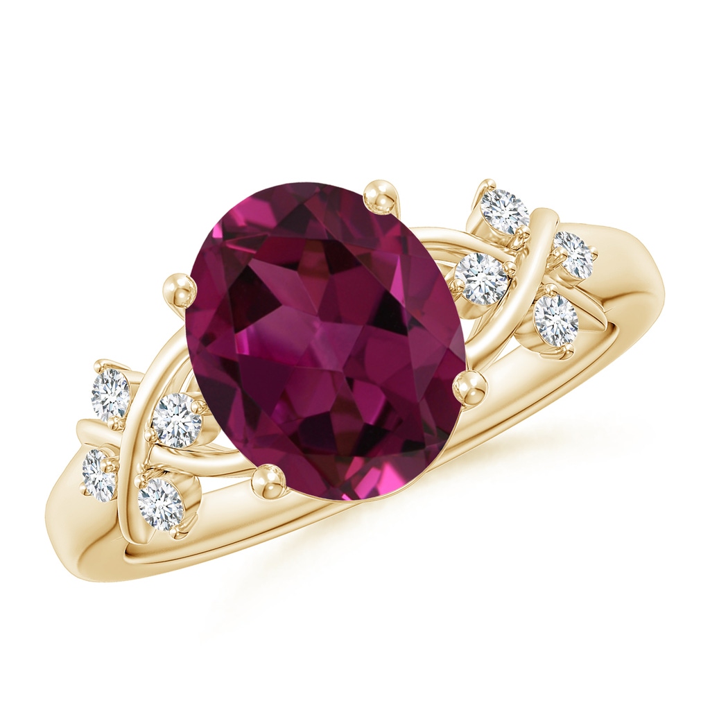 10x8mm AAAA Solitaire Oval Rhodolite Criss Cross Ring with Diamonds in Yellow Gold