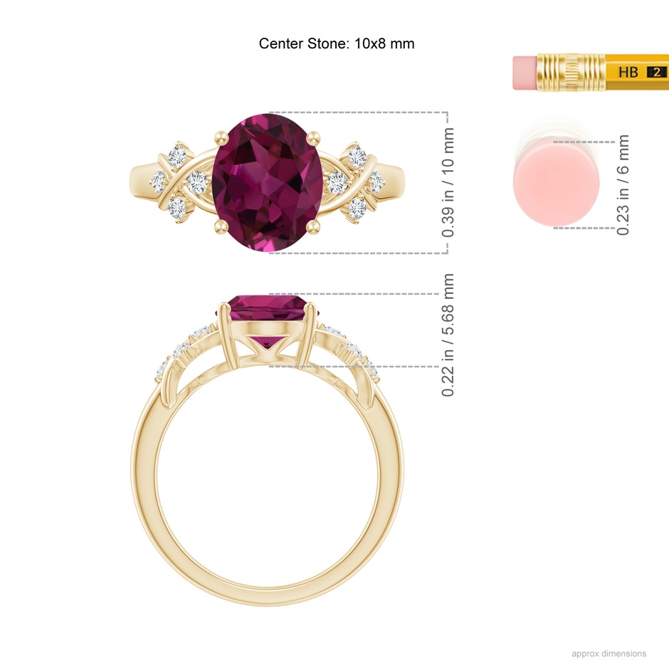 10x8mm AAAA Solitaire Oval Rhodolite Criss Cross Ring with Diamonds in Yellow Gold ruler