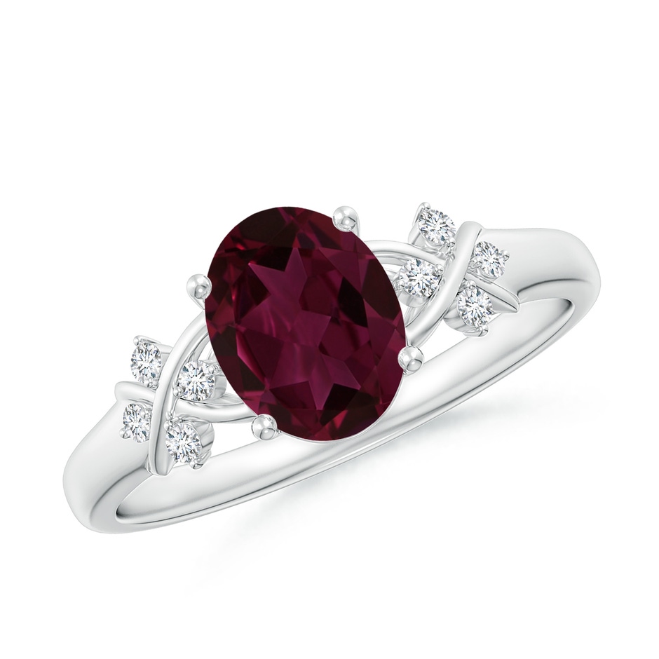 8x6mm AA Solitaire Oval Rhodolite Criss Cross Ring with Diamonds in White Gold 