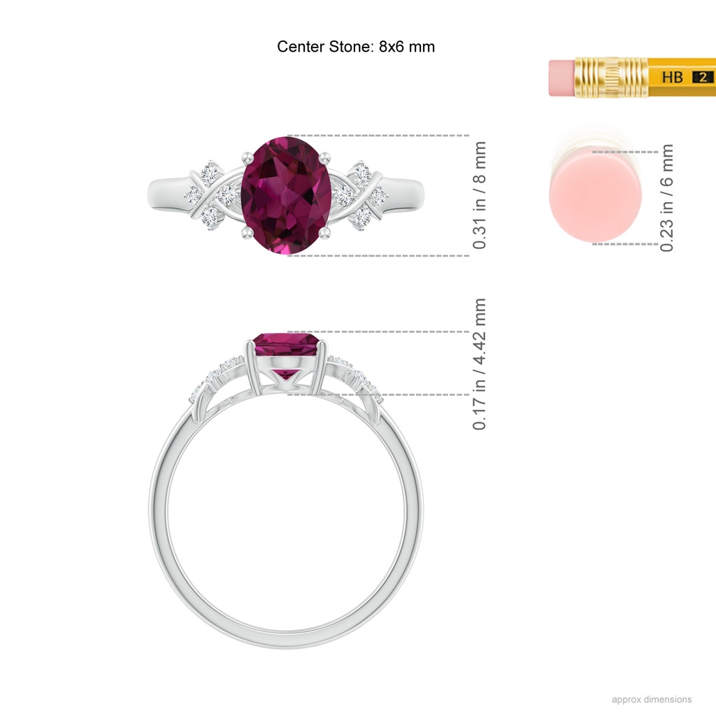 8x6mm AAAA Solitaire Oval Rhodolite Criss Cross Ring with Diamonds in P950 Platinum Ruler