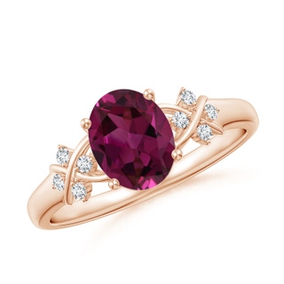 8x6mm AAAA Solitaire Oval Rhodolite Criss Cross Ring with Diamonds in Rose Gold