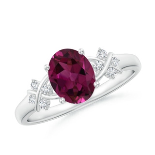 8x6mm AAAA Solitaire Oval Rhodolite Criss Cross Ring with Diamonds in White Gold