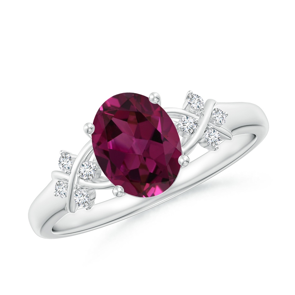 8x6mm AAAA Solitaire Oval Rhodolite Criss Cross Ring with Diamonds in White Gold 